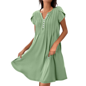 V-Neck Solid Color Button Dress – Casual Pullover A-Line Mid-Length Dress | Comfy Korean Style for Women (S–XXL)