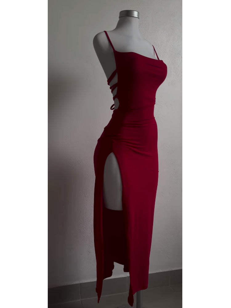 Women’s Lace-Up Backless Slit Long Dress – Elegant High Waist Bodycon Evening Dress | Red & Black