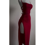 Women’s Lace-Up Backless Slit Long Dress – Elegant High Waist Bodycon Evening Dress | Red & Black