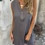 Women's Cotton Linen Sleeveless V-Neck Dress – Casual Pullover Mid-Length Dress with Pockets & Buttons | S–4XL