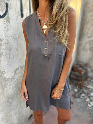 Women's Cotton Linen Sleeveless V-Neck Dress – Casual Pullover Mid-Length Dress with Pockets & Buttons | S–4XL