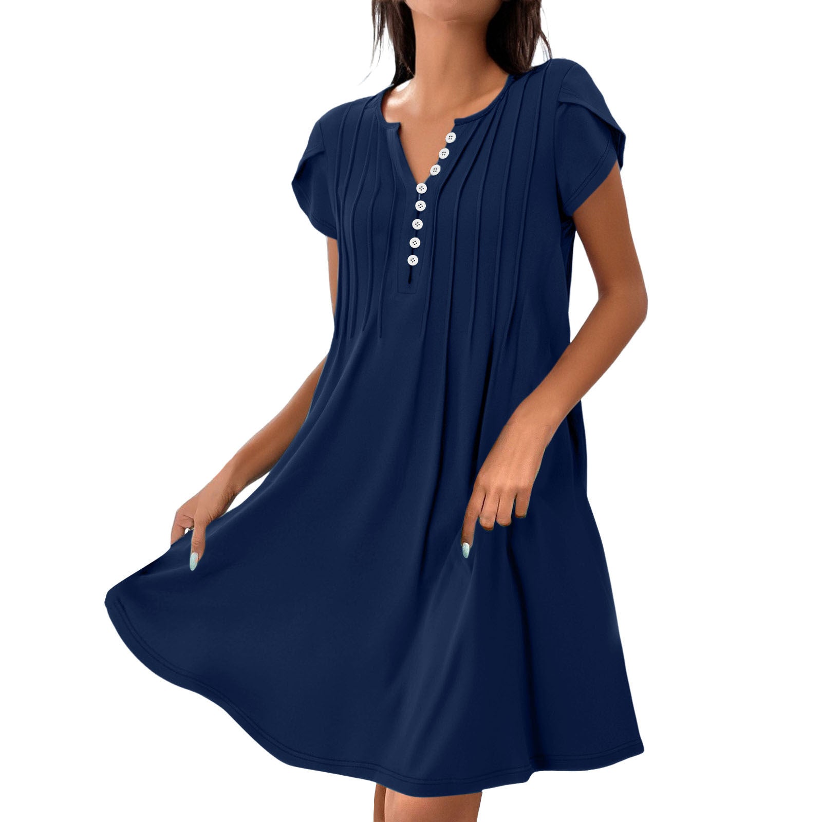 V-Neck Solid Color Button Dress – Casual Pullover A-Line Mid-Length Dress | Comfy Korean Style for Women (S–XXL)