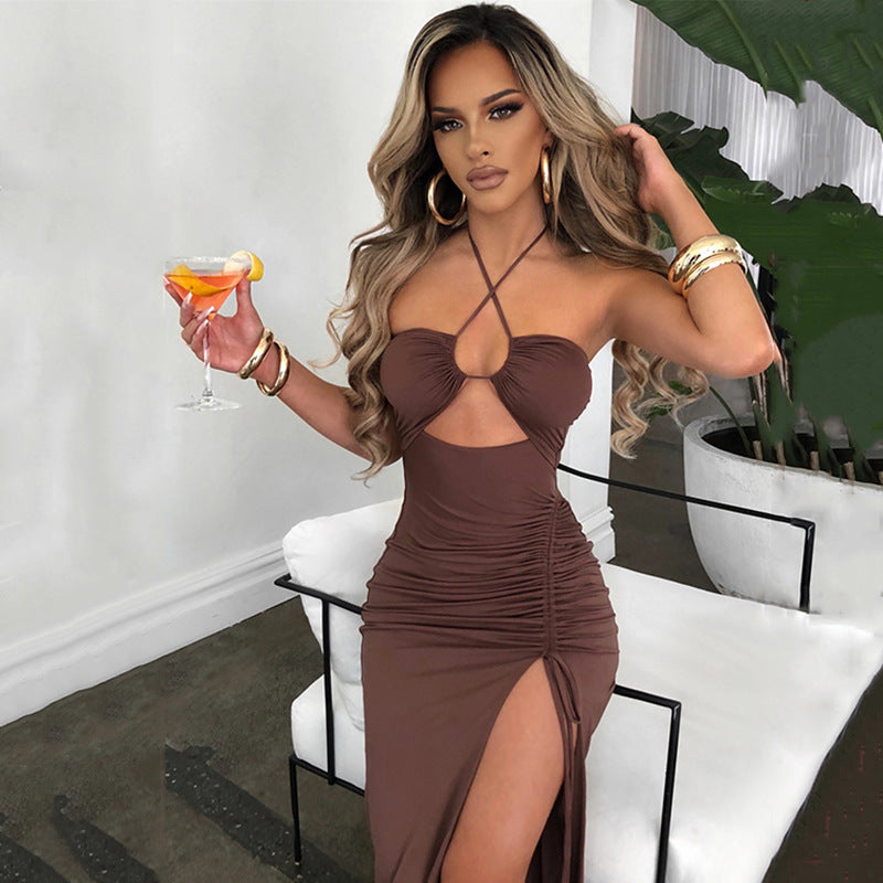 Sexy Y2K Halterneck Lace-Up Split Dress – Backless Irregular Long Party Beach Dress for Women | Blue & Brown | High Waist Pullover Style