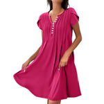 V-Neck Solid Color Button Dress – Casual Pullover A-Line Mid-Length Dress | Comfy Korean Style for Women (S–XXL)