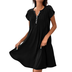 V-Neck Solid Color Button Dress – Casual Pullover A-Line Mid-Length Dress | Comfy Korean Style for Women (S–XXL)