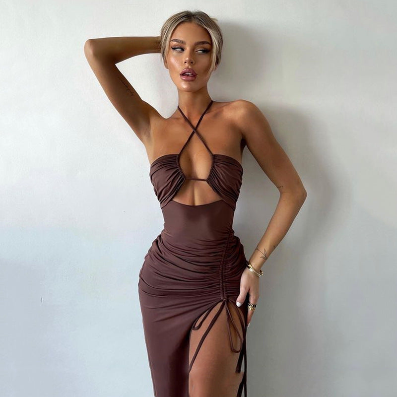 Sexy Y2K Halterneck Lace-Up Split Dress – Backless Irregular Long Party Beach Dress for Women | Blue & Brown | High Waist Pullover Style