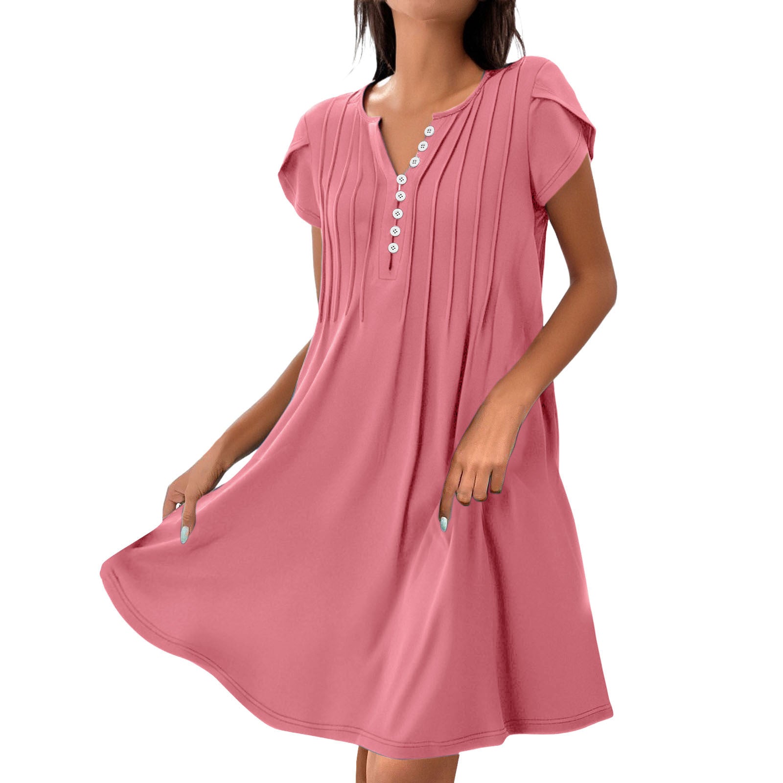 V-Neck Solid Color Button Dress – Casual Pullover A-Line Mid-Length Dress | Comfy Korean Style for Women (S–XXL)
