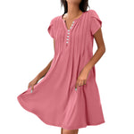 V-Neck Solid Color Button Dress – Casual Pullover A-Line Mid-Length Dress | Comfy Korean Style for Women (S–XXL)