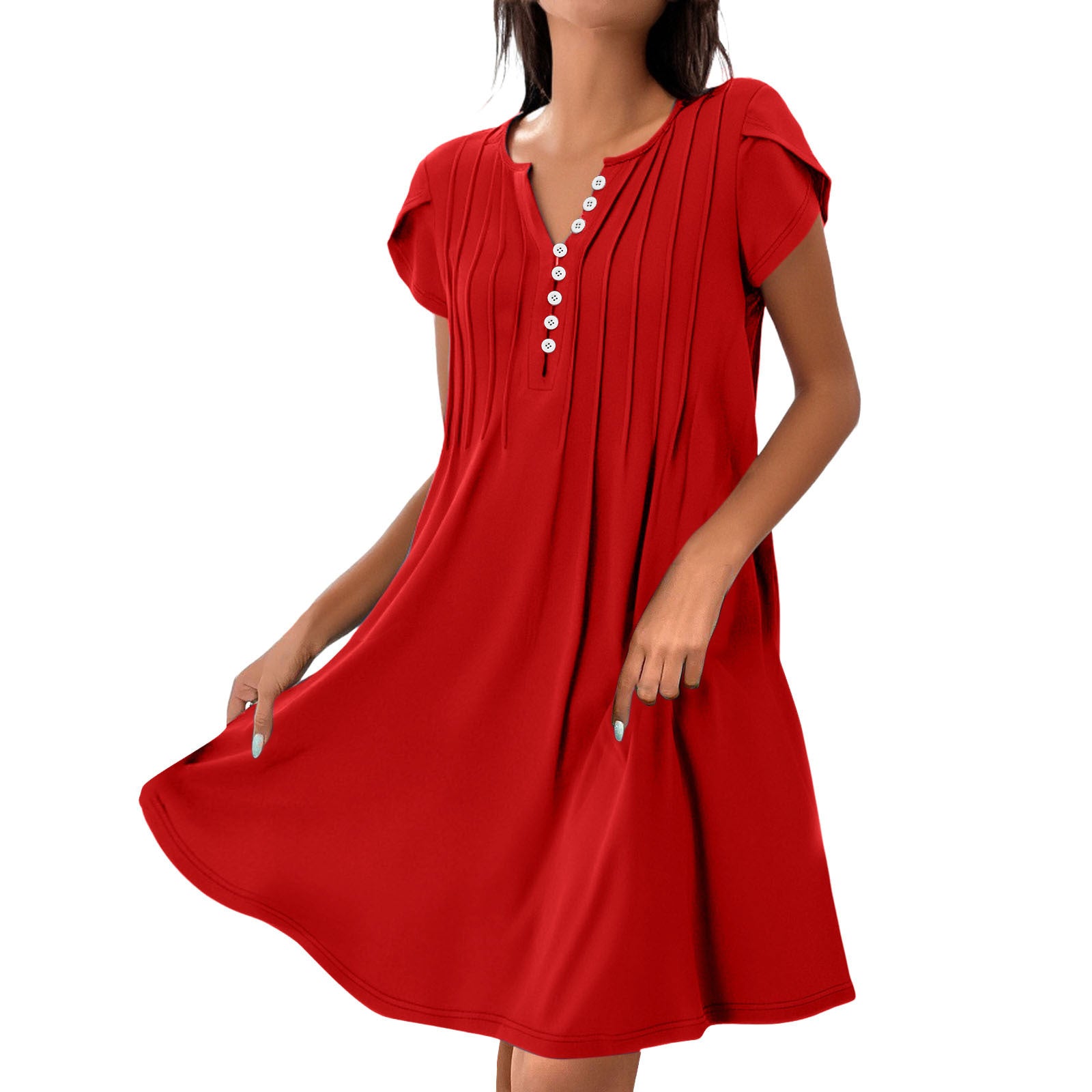 V-Neck Solid Color Button Dress – Casual Pullover A-Line Mid-Length Dress | Comfy Korean Style for Women (S–XXL)