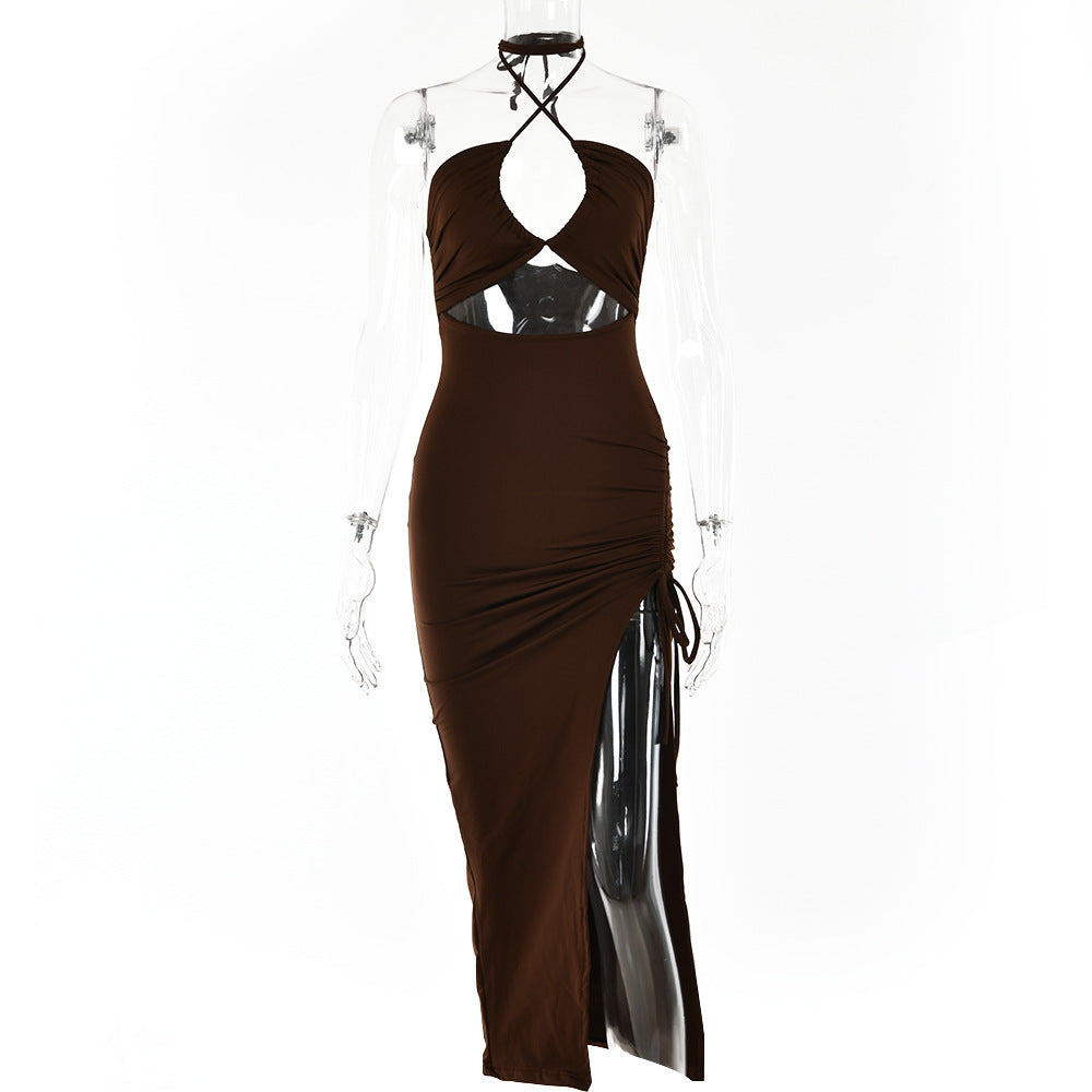 Sexy Y2K Halterneck Lace-Up Split Dress – Backless Irregular Long Party Beach Dress for Women | Blue & Brown | High Waist Pullover Style