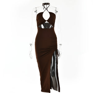 Sexy Y2K Halterneck Lace-Up Split Dress – Backless Irregular Long Party Beach Dress for Women | Blue & Brown | High Waist Pullover Style