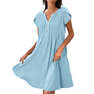 V-Neck Solid Color Button Dress – Casual Pullover A-Line Mid-Length Dress | Comfy Korean Style for Women (S–XXL)