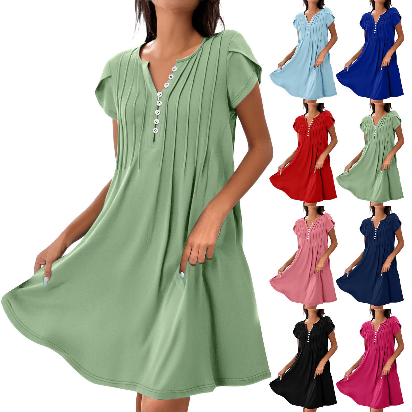 V-Neck Solid Color Button Dress – Casual Pullover A-Line Mid-Length Dress | Comfy Korean Style for Women (S–XXL)