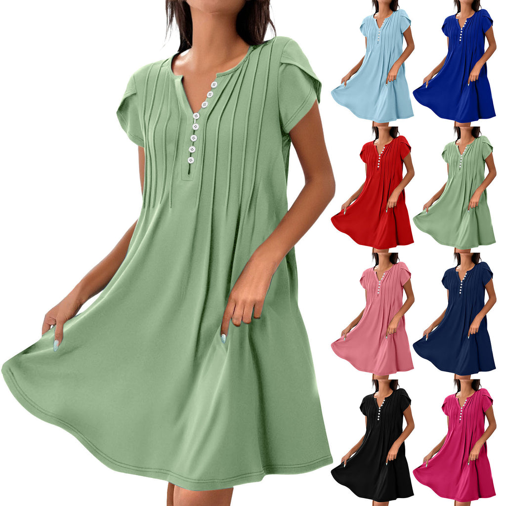 V-Neck Solid Color Button Dress – Casual Pullover A-Line Mid-Length Dress | Comfy Korean Style for Women (S–XXL)