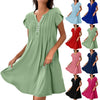 V-Neck Solid Color Button Dress – Casual Pullover A-Line Mid-Length Dress | Comfy Korean Style for Women (S–XXL)
