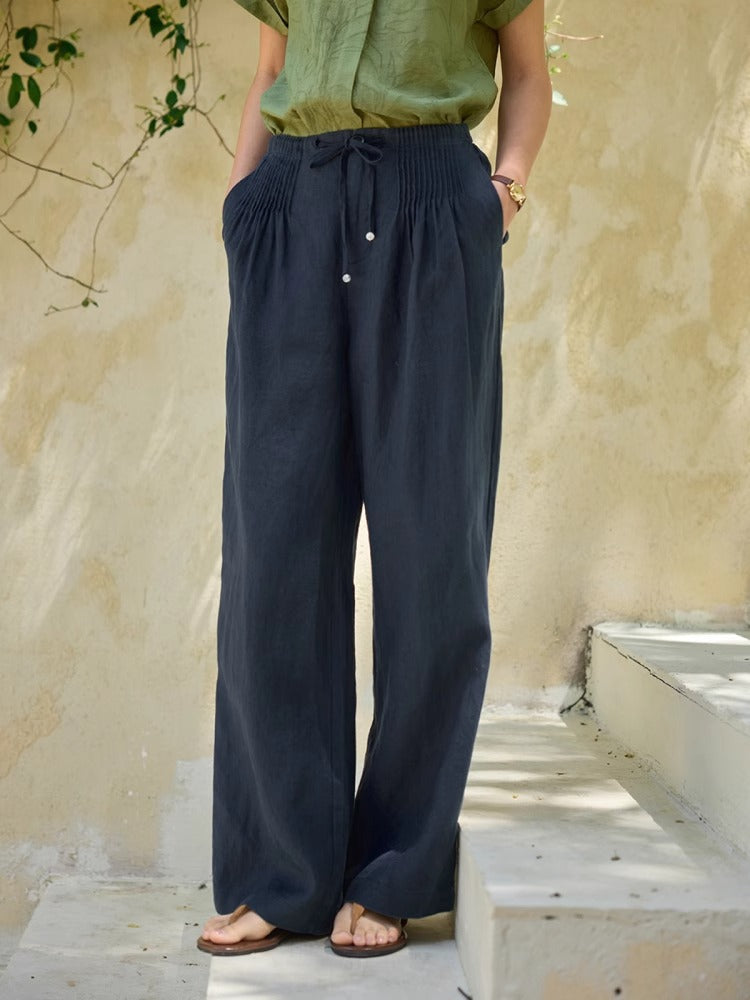 Women's Linen Wide-Leg Pants – High Waist Cotton Drawstring Straight Trousers | Lightweight Summer Casual Pants (S–XL)