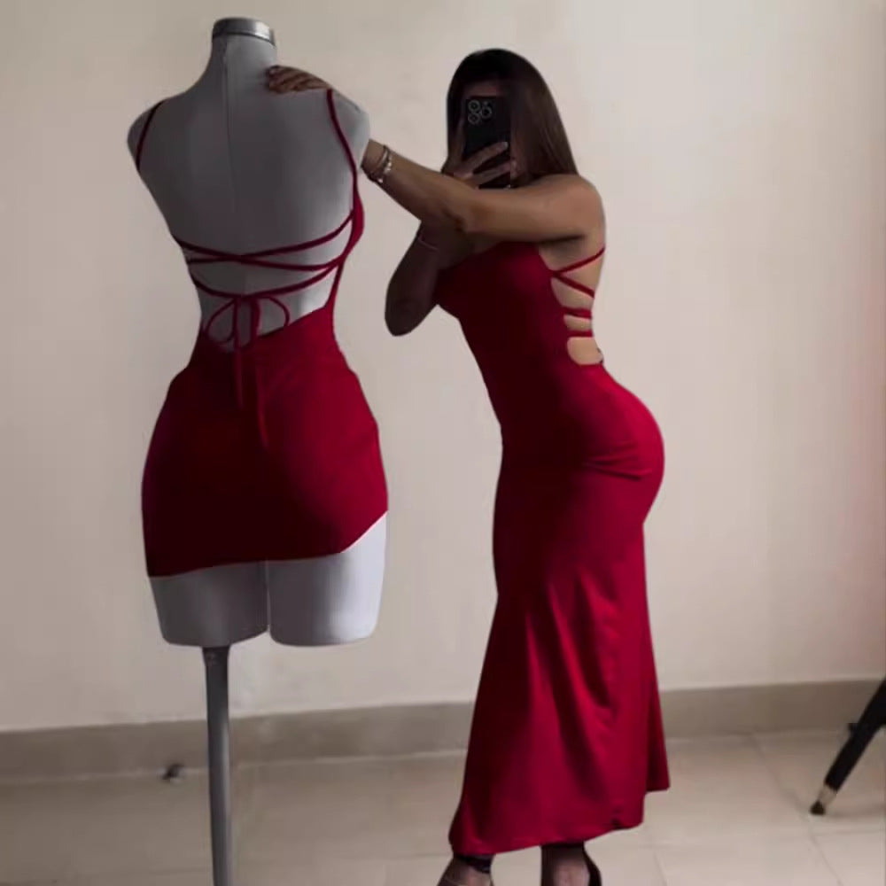 Women’s Lace-Up Backless Slit Long Dress – Elegant High Waist Bodycon Evening Dress | Red & Black