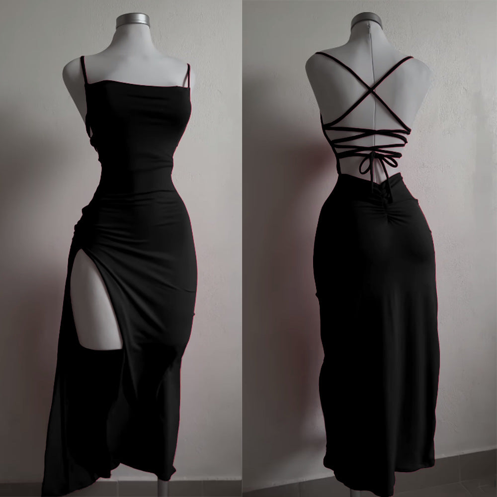 Women’s Lace-Up Backless Slit Long Dress – Elegant High Waist Bodycon Evening Dress | Red & Black