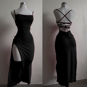 Women’s Lace-Up Backless Slit Long Dress – Elegant High Waist Bodycon Evening Dress | Red & Black