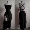 Women’s Lace-Up Backless Slit Long Dress – Elegant High Waist Bodycon Evening Dress | Red & Black