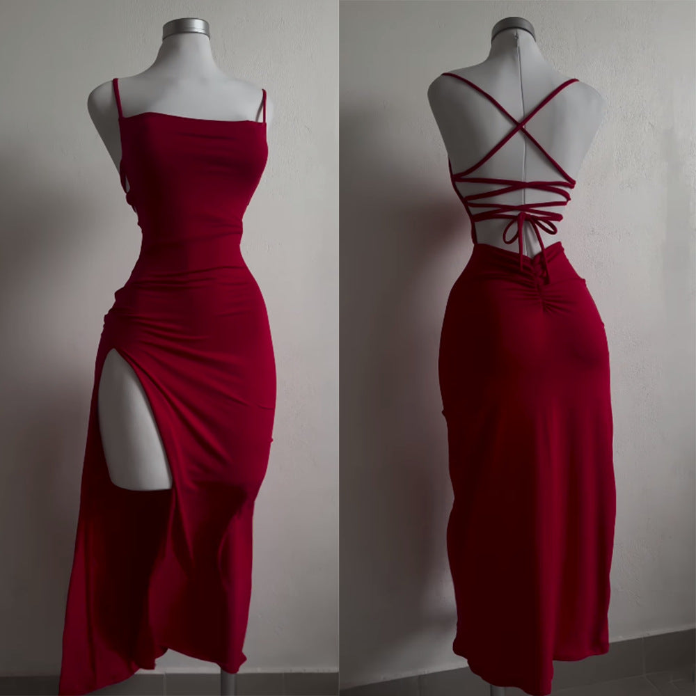 Women’s Lace-Up Backless Slit Long Dress – Elegant High Waist Bodycon Evening Dress | Red & Black