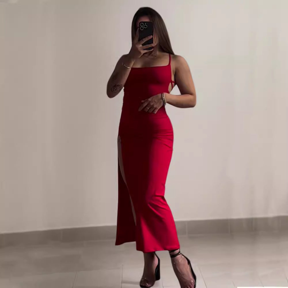 Women’s Lace-Up Backless Slit Long Dress – Elegant High Waist Bodycon Evening Dress | Red & Black