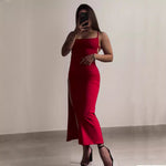 Women’s Lace-Up Backless Slit Long Dress – Elegant High Waist Bodycon Evening Dress | Red & Black