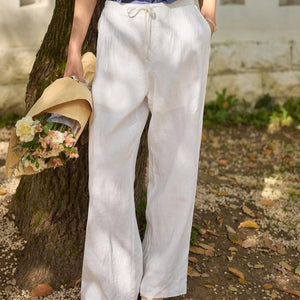 Women's Linen Wide-Leg Pants – High Waist Cotton Drawstring Straight Trousers | Lightweight Summer Casual Pants (S–XL)