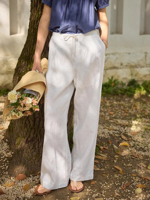 Women's Linen Wide-Leg Pants – High Waist Cotton Drawstring Straight Trousers | Lightweight Summer Casual Pants (S–XL)