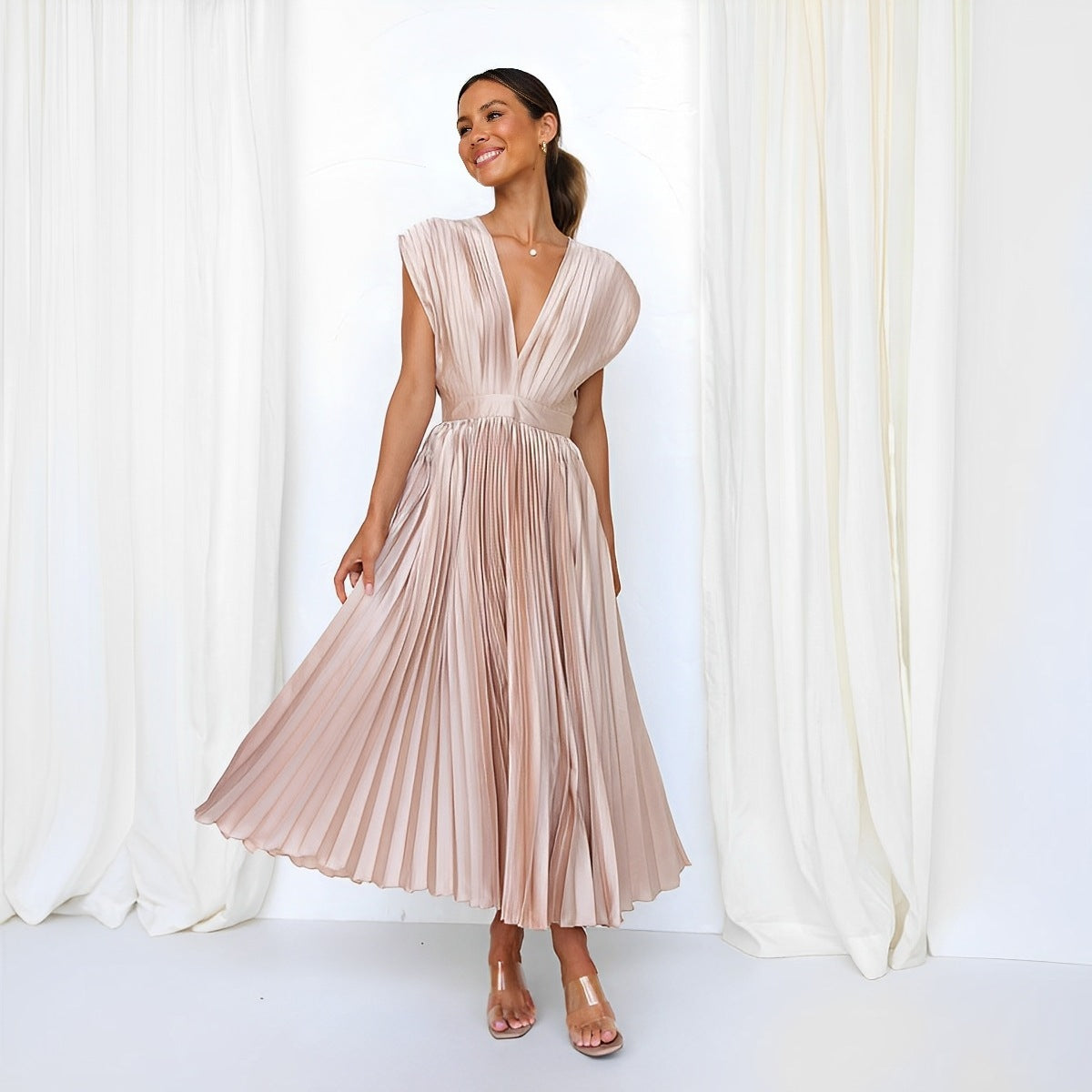 Elegant V-Neck Satin Dress for Women – High Waist Slim Fit | 10 Colors | S-3XL | Chic Party & Evening Wear