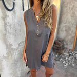 Women's Cotton Linen Sleeveless V-Neck Dress – Casual Pullover Mid-Length Dress with Pockets & Buttons | S–4XL