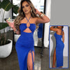 Sexy Y2K Halterneck Lace-Up Split Dress – Backless Irregular Long Party Beach Dress for Women | Blue & Brown | High Waist Pullover Style