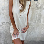 Women's Cotton Linen Sleeveless V-Neck Dress – Casual Pullover Mid-Length Dress with Pockets & Buttons | S–4XL