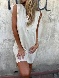 Women's Cotton Linen Sleeveless V-Neck Dress – Casual Pullover Mid-Length Dress with Pockets & Buttons | S–4XL