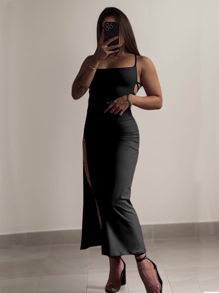 Women’s Lace-Up Backless Slit Long Dress – Elegant High Waist Bodycon Evening Dress | Red & Black