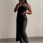 Women’s Lace-Up Backless Slit Long Dress – Elegant High Waist Bodycon Evening Dress | Red & Black