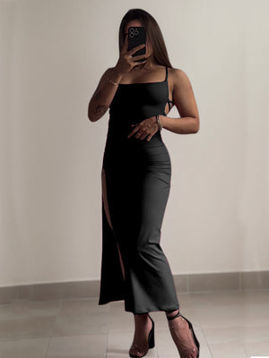 Women’s Lace-Up Backless Slit Long Dress – Elegant High Waist Bodycon Evening Dress | Red & Black