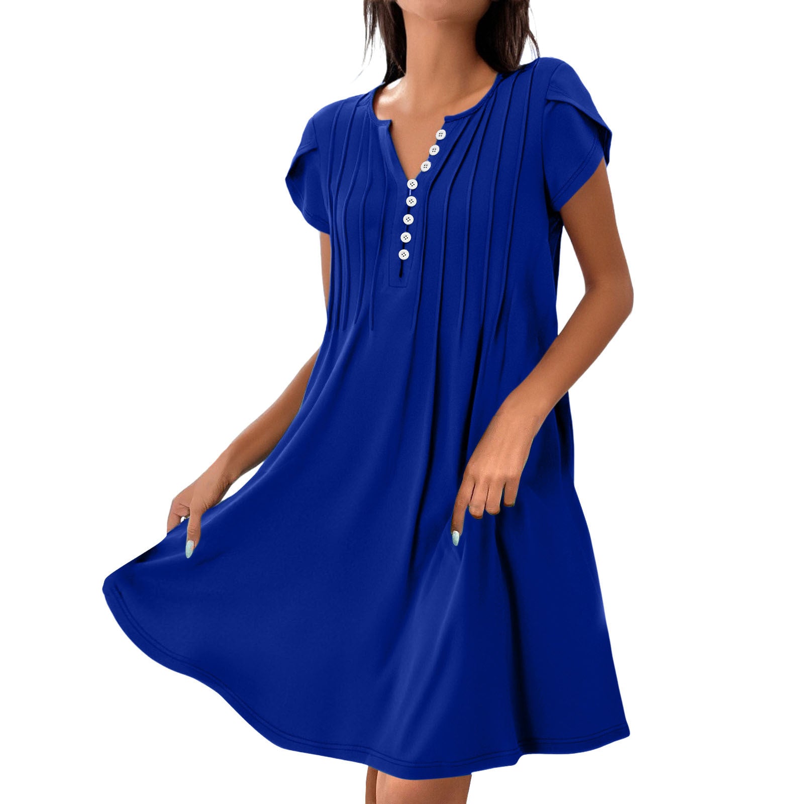 V-Neck Solid Color Button Dress – Casual Pullover A-Line Mid-Length Dress | Comfy Korean Style for Women (S–XXL)